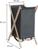 A grey fabric laundry basket with a wooden frame, shown with dimensions indicated. Podgląd zdjęcia produktu