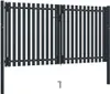A dark gray metal double gate is shown against a white background. A small metal stake is visible on the ground in front of the gate. Anteprima dell’immagine prodotto