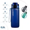A blue water bottle with time markers and two other color variations shown in circles. Podgląd zdjęcia produktu