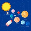 A stylized illustration of the solar system with planets orbiting the sun, and a rocket ship. Voir les images du produit