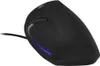 A black vertical mouse with blue LED lighting is shown on a white background. Produktbild-Vorschau