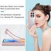 A woman holding a pink phone case in front of her face, with an inset image showing how the case fits onto a phone. Produktbild-Vorschau