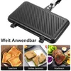 A collage showing a sandwich grill, toasted bread, grilled sandwiches, and grilled meat. Produktbild-Vorschau