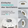 Collage showing a ceiling fan with light and its installation on different ceiling angles. Produktbild-Vorschau