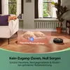 A robot vacuum cleaner is shown in a living room setting next to a dog sleeping on its bed. The image highlights the pet-friendly features of the robot vacuum. Produktbild-Vorschau