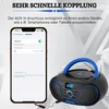 A smartphone displaying Bluetooth settings is shown next to a portable boombox. The image highlights the product's connectivity features. Voir les images du produit
