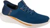 A side view of a blue Skechers sneaker with gold accents and a white sole, isolated on a white background. Voir les images du produit