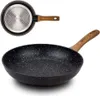 A frying pan with a wooden handle, shown from a side angle, with a smaller view of its base at the top. Náhled obrázku produktu