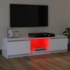 A white TV stand with a black TV mounted above it, and a DVD player on the stand. The stand has red LED lighting. Produktbild-Vorschau