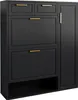 A black shoe cabinet with gold handles, shown from the front. Produktbild-Vorschau