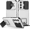 Multiple views of a white and silver smartphone case with a black sliding camera cover and a kickstand. Produktbild-Vorschau