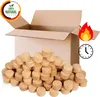 A cardboard box is open, with a pile of compressed wood briquettes in front of it. Icons for fire and a clock are present. Anteprima dell’immagine prodotto