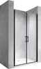 A modern shower enclosure with black frames and clear glass, set against a marble-patterned wall. Produktbild-Vorschau