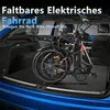 A folding electric bicycle is placed in the trunk of a blue car. Produktbild-Vorschau