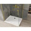 A modern shower enclosure with a white shower tray and gold fixtures against a gray marble-tiled wall. Podgląd zdjęcia produktu