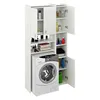 A white laundry storage unit with a front-load washing machine integrated into its design. The unit features multiple shelves filled with various laundry products and folded towels. Náhled obrázku produktu