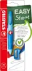 The image shows the packaging of a blue Stabilo EasyErgo mechanical pencil, along with a sharpener and some marketing text. Náhľad obrázku produktu