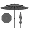 A dark gray, three-tiered patio umbrella is shown in an open state, with a top-down view of the umbrella canopy and a closed umbrella shown to the right. Náhled obrázku produktu