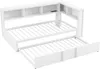 A white metal bed frame with a pull-out trundle bed and a built-in shelf unit above the main bed. Náhled obrázku produktu