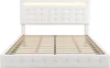 A white upholstered bed frame with a slatted mattress support system and an LED light strip at the top of the headboard, shown against a white background. Produktbild-Vorschau