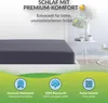 A fitted sheet on a bed, with marketing text and icons below. Produktbild-Vorschau