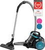 A black and blue bagless vacuum cleaner with a chrome extension tube and a floor head, shown against a white background. There are two circular overlays, one pink and one blue, and a promotional badge in the top right corner. Produktbild-Vorschau