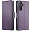 A purple leather wallet-style phone case is shown open and closed, displaying its features. Produktbild-Vorschau