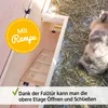 A close-up view of a wooden pet house with a ramp and a small animal in the hay outside. Produktbild-Vorschau