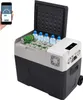 A portable cooler filled with cans and bottles is shown, with a smartphone in the foreground displaying a temperature control interface. Produktbild-Vorschau
