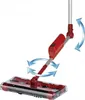 A red cordless sweeper with a transparent dustbin, shown from a low angle against a white background. Blue arrows indicate its swivel and rotation capabilities. Produktbild-Vorschau