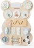 A Montessori busy board shaped like a bear, featuring various interactive elements. Produktbild-Vorschau