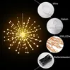 A starburst-shaped light fixture with multiple small lights radiating outwards, surrounded by circular insets showing product details like wire, hook, LEDs, and battery pack. Produktbild-Vorschau