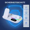 A white 3-in-1 wireless charging station with a digital clock and colorful LED accents, set against a dark blue background with a blue shield graphic. Produktbild-Vorschau