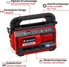 A red and black Einhell battery-powered compressor with various features highlighted by text labels and lines. Produktbild-Vorschau