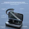A wireless headset and its charging case are displayed on a textured blue and gray surface, with descriptive text and labels pointing to different parts of the product. Produktbild-Vorschau