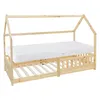 A wooden house-shaped bed frame with a mattress and slatted base, shown against a white background. Produktbild-Vorschau