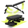 A black adjustable workout bench is shown in two configurations: one upright and one folded. Yellow arrows indicate movement or transformation. Náhľad obrázku produktu