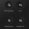 A dark background with four circular icons, each with a white outline and a blue dot. Each icon has a text description below it. Produktbild-Vorschau