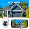 A split image showing a house, a security camera, and a smartphone displaying a live feed from the camera. Podgląd zdjęcia produktu