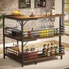 A rustic industrial-style L-shaped bar cart filled with bottles, glasses, and fruit, set against a brick wall. Náhled obrázku produktu