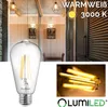 A collage of images showing a vintage LED light bulb, its filament, and a room setting with similar lighting. Produktbild-Vorschau
