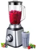 A blender with a glass jar filled with red berries and a glass of blue smoothie next to it, with fresh berries scattered around the base. Produktbild-Vorschau
