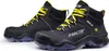 A pair of black work boots with yellow laces and blue soles. Produktbild-Vorschau