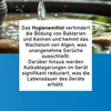 A white text box with German text describing the benefits of a hygiene product is superimposed on an image of water flowing. Produktbild-Vorschau