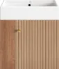 A close-up, front-facing view of a bathroom vanity with a white sink and a brown wooden cabinet featuring a fluted door and a gold knob. Voir les images du produit
