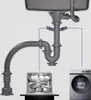 Diagram showing a sink drain system connected to a dishwasher and a washing machine. Produktbild-Vorschau