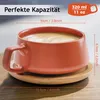 A close-up of an orange cappuccino cup filled with coffee, placed on a wooden saucer, with dimensions and capacity indicated by text overlays. Produktbild-Vorschau