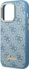 A close-up, side view of a blue phone case with a repeating Guess logo pattern and a gold trim around the camera opening. Produktbild-Vorschau