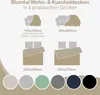 Diagrams showing different sizes of blankets on sofas and beds, with color swatches at the bottom. Produktbild-Vorschau