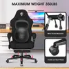 A black gaming chair is shown with a kettlebell on its back, indicating its weight capacity. Insets show close-ups of the chair's metal mechanism and wheels. Podgląd zdjęcia produktu